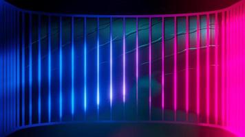 futuristische sci-fi-leere bühne. reflektierend mit magentafarbener und blauer fluoreszierender Neonröhre und mehrfarbigem Rauch. foto