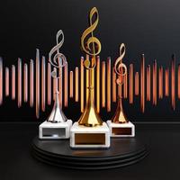 Goldener Musikpreis mit einem Violinschlüssel auf schwarzem Hintergrund, 3D-Illustration foto