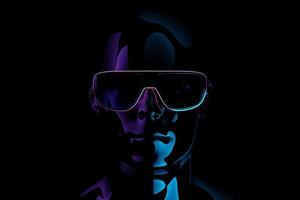 Schwarzes Modell eines Mannes mit realistischer Sonnenbrille unter rosa-blauem Neonlicht, 3D-Illustration foto