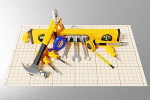 3D-Illustration Heimwerkerwerkzeuge auf Millimeterpapier. niedliches set, elemente, aufkleber, symbole. lustiges buntes Design. foto