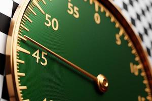 3D-Darstellung Nahaufnahme der schwarzen runden Uhr, Stoppuhr zeigt die Zahl 46 auf einem schwarz-weiß karierten Hintergrund. Chronometer, Vintage-Timer foto