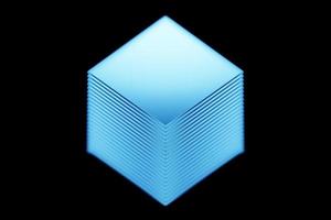 3D-Darstellung blauer Beleuchtungswürfel, der auf schwarzem, isoliertem Hintergrund fliegt foto