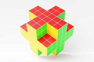 3D-Modell eines mehrfarbigen Puzzles. abstraktes helles Polyeder mit Spitzen auf einem weißen isolierten Hintergrund foto