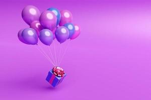 3D-Illustrationsgeschenk in einer wunderschönen violetten Verpackungsbox, eine Satinbandschleife fliegt mit Hilfe von erhebenden Ballons auf violettem Hintergrund. festliche Utensilien, Geschenkset. foto