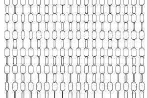 3D-Darstellung von Reihen silbriger Metallketten. Reihe von Ketten auf weißem Hintergrund. Geometrisches Muster. Technologie-Geometrie-Hintergrund foto