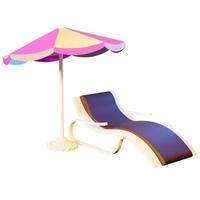 3D-Darstellung eines Strandkorbs unter einem gestreiften Sonnenschirm auf weißem, isoliertem Hintergrund. sommerferienkonzept am strand. foto