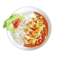 tonkatsu curryreis draufsicht auf weißem hintergrund foto