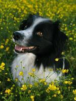 Schwarz-Weiß-Australischer Schäferhund in einem Feld mit gelben Blumen foto