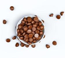 Schokoladenstückchen in einer weißen Porzellanschüssel 3D-Darstellung foto