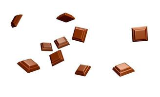 Nahaufnahme von Schokoladenstücken Stapel fallen auf weißem Hintergrund 3D-Darstellung 3D-Rendering foto
