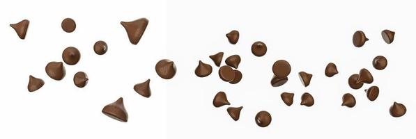 Streuung von leckeren Schokoladenstückchen auf weißem Hintergrund Schokoladenstückchen auf weißem Hintergrund Choco-Chips 3D-Darstellung 3D-Rendering foto