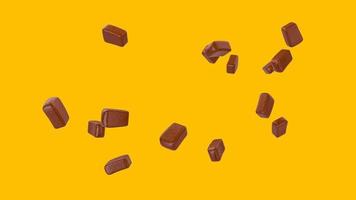Schokoladenfliegen, die auf gelb isoliertem Hintergrund schweben Bewegung der fliegenden Gruppe von rohen Schokoladenstücken einfrieren 3D-Darstellung 3D-Rendering foto