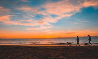 Silhouette von Menschen, die bei Sonnenuntergang mit ihren Hunden am Strand spazieren gehen. blauer Himmel und malerische Wolken. foto