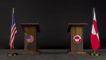 Flaggen der USA und Grönlands. Flagge der USA und Grönlands. Verhandlungen zwischen den USA und Grönland. Podium für Reden. 3D-Arbeit und 3D-Bild foto