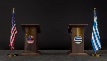 Flaggen der USA und Griechenlands. Flagge der USA und Griechenlands. usa und griechenland verhandlungen. Podium für Reden. 3D-Arbeit und 3D-Bild foto