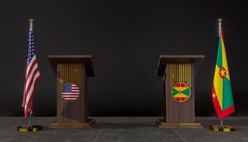 Flaggen der USA und Grenadas. Flagge der USA und Grenadas. usa und granada verhandlungen. Podium für Reden. 3D-Arbeit und 3D-Bild foto