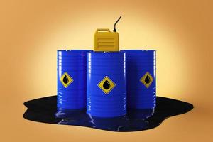 Blauer Öltank und gelber Plastikkanister auf schwarzem Öl, minimaler Hintergrund für Energiekonzepte. 3D-Rendering foto