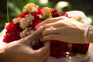 die Hand eines Mannes, die die Hand einer Frau hält, um sich auf den Ehering zu konzentrieren. foto