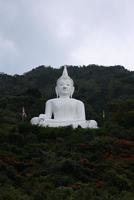 der aussichtspunkt vor dem weißen buddha liegt inmitten eines grünen waldhügels. Wat Phra Khao in Nakhon Ratchasima, Thailand, am 16.05.2022 foto