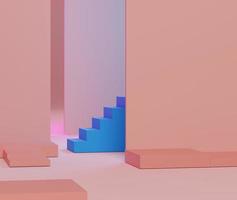 3D abstrakte minimalistische geometrische Formen. Luxuspodium mit rosa Farbverläufen und blaue Treppe für Ihr trendiges Design. foto