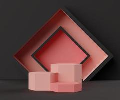 3D abstrakte minimalistische geometrische Formen. Luxus-Podestdisplay im Farbthema Schwarz-Rosa-Koralle. Modenschau-Bühne, Sockel, Schaufenster für die Anzeige. foto