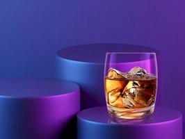 Whiskeyglas auf violettem Zylinder für Produktpräsentation oder Ausstellung auf violettem Hintergrund. 3D-Rendering foto