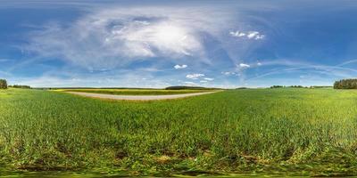 vollständiges nahtloses 360-Grad-Panorama in equirectangular sphärischen äquidistanten Projektion. Panorama auf einem Feld in der Nähe einer Straße mit Raps an sonnigen Tagen. hintergrund für virtual-reality-inhalte foto