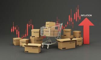 Einkaufswagen mit rotem Aufwärtspfeil, umgeben von Kartons und Aktiendiagrammen auf der Rückseite, die im Inflationskonzept ständig steigen. auf schwarzem Hintergrund 3D-Render foto
