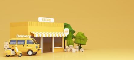 E-Commerce-Konzept, Lieferservice vom Frontstore, Transportlieferung durch Lieferwagen, LKW- und Motorradroller und Produktpakete, Geschenkboxen, baumniedriges Polygon auf gelbem Ton 3D-Rendering foto