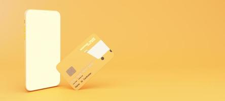 Nahaufnahme von Online-Shopping-Design auf Kreditkarte, schwebende Vorlage Mockup Bank Kreditkarte mit Online-Service isoliert auf rosa Hintergrund, digitale Münze, Brieftasche, Kopierraum 3D-Rendering foto
