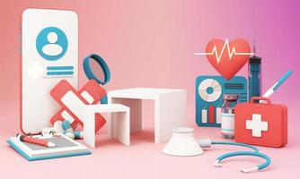 Krankenversicherungskonzept mit Worten Deckung, Schutz, Risiko und Sicherheit Online-Medizin auf einem virtuellen Bildschirm und einer Cartoon-Holzhand, die einen Knopf berührt, isoliert auf blauem Hintergrund 3D-Rendering foto