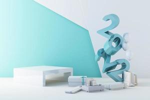 Minimaler kosmetischer 2022-Hintergrund für die Produktpräsentation. mit geometrischer form und podium aus stein und holzfelsenbogen auf grauem betonwandhintergrund. 3D-Darstellung. foto