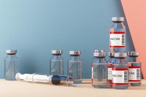 Kleine Impfstoffflasche für die Injektion des Coronavirus-Impfstoffs mit einer medizinischen Spritze auf pastellfarbenem Hintergrund und geometrischer Form 3D-Darstellung foto
