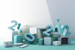 Minimaler kosmetischer 2022-Hintergrund für die Produktpräsentation. mit geometrischer form und podium aus stein und holzfelsenbogen auf grauem betonwandhintergrund. 3D-Darstellung. foto