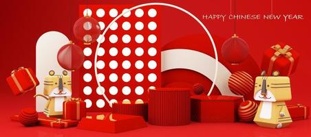 rote und weiße podiumsproduktvitrine im chinesischen neujahrsstil mit gold und geschenk, laterne, porzellanmusterszenenhintergrund. 2022 traditionelles Festivalkonzept des Tigerjahresurlaubs. 3D-Rendering foto