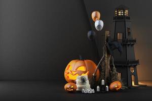 oktober halloween kürbiskopf wächst mit geometrischer form mit produktständer verspottet für präsent auf farbigem hintergrund 3d-rendering foto