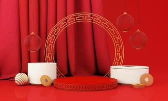 rote und weiße podiumsproduktvitrine im chinesischen neujahrsstil mit gold und geschenk, laterne, porzellanmusterszenenhintergrund. 2022 traditionelles Festivalkonzept des Tigerjahresurlaubs. 3D-Rendering foto