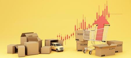 das Konzept der Inflation nimmt zu. Beeinflussung des internationalen Handels- und Transportgeschäfts im gelben und roten Hintergrund und Transport der Umgebung und Karton-3D-Darstellung foto