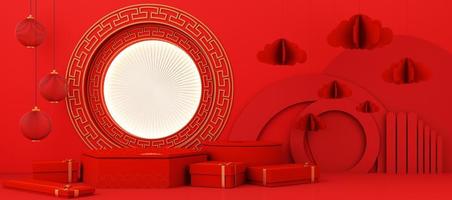 rote und weiße podiumsproduktvitrine im chinesischen neujahrsstil mit gold und geschenk, laterne, porzellanmusterszenenhintergrund. 2022 traditionelles Festivalkonzept des Tigerjahresurlaubs. 3D-Rendering foto