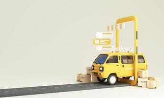 E-Commerce-Konzept, Lieferservice für mobile Anwendungen, Transportlieferung durch Lieferwagen, LKW und Motorrad-Scooter mit Telefonbildschirm und Produktpaketen, Geschenkboxen gelber Ton 3D-Rendering foto