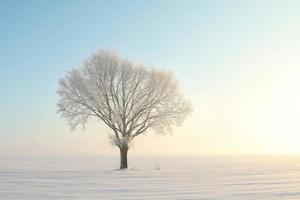 einzelner gefrosteter Baum im Schnee im Morgengrauen foto