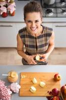 Porträt der glücklichen jungen Hausfrau, die Apfel für Marmelade schneidet foto