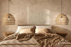 boho skandinavischer stil im bauernhausinterieur. beiges Schlafzimmer mit Naturholzmöbeln, Fensterläden und Trockenpflanzen. 3D-Rendering-Abbildung. foto