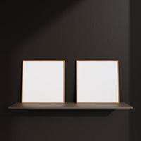 Minimalistisches quadratisches Holzposter oder Fotorahmen in der modernen Innenarchitektur der Wohnzimmerwand mit Dekoration und Schatten. 3D-Rendering. foto