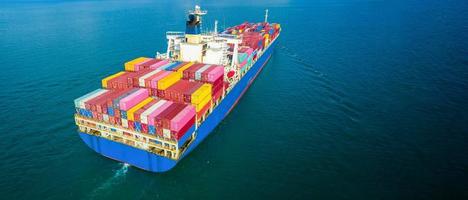 Heck eines großen Frachtschiffs Import-Export-Containerbox auf dem Ozean Meer auf blauem Himmel Hintergrundkonzept Transportlogistik und Service für Kunden und Lieferwechsel