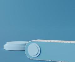 3D geometrische Formen. klassisches blaues Förderband und pastellfarbenes Podium zum Vorzeigen. Minimale Szene für die Produktpräsentation. foto