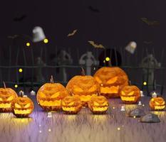 3D abstrakter Halloween-Themenhintergrund des leeren Raums für Partyeinladung, soziale Medien und Mock-up. Kürbisse Jack o'Lantern mit Geistern und fliegenden Fledermäusen im dunklen Hintergrund. Nachtszene. foto