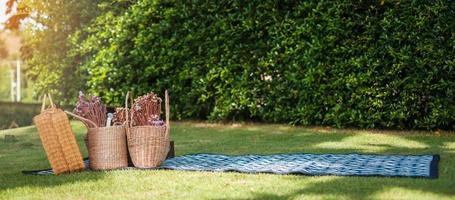 picknickset im park in der nähe des flusses, getrocknete blumen, körbe, weinflasche, buch und retro-schallplatte. Sommer-, Frühlings- und Urlaubskonzept foto