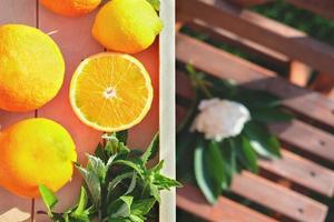 Reife Orangen und Zitronen auf einem Tisch in einem Garten. foto