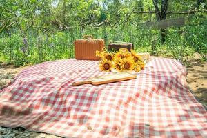 schöne weiße Einrichtung im Boho-Stil. Picknick in der Natur, Tisch, Teppiche, Wigwam, Zelt, Kissen im Park. feier nach der quarantäne. foto